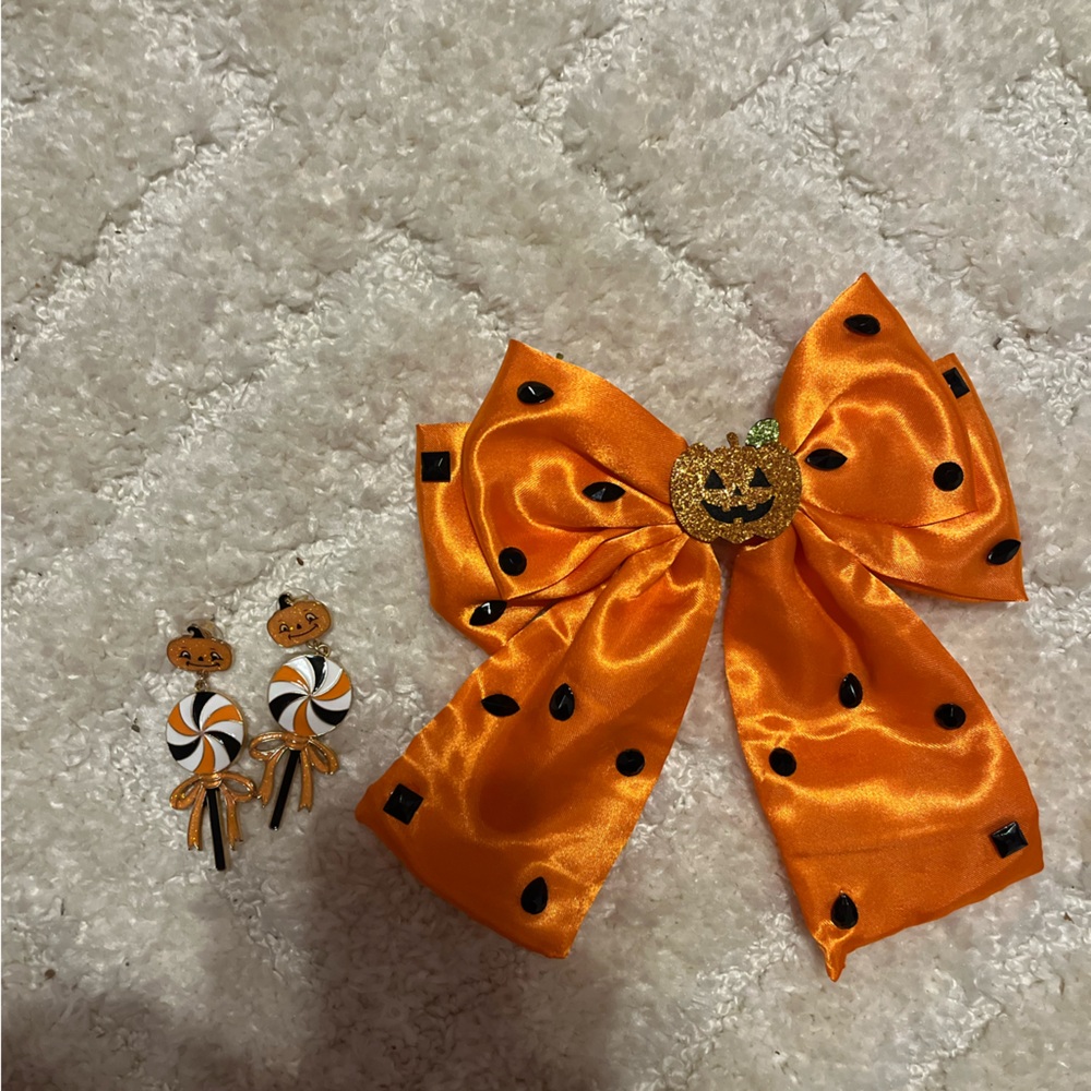 Halloween Pumpkin Hair Bow and earing Set